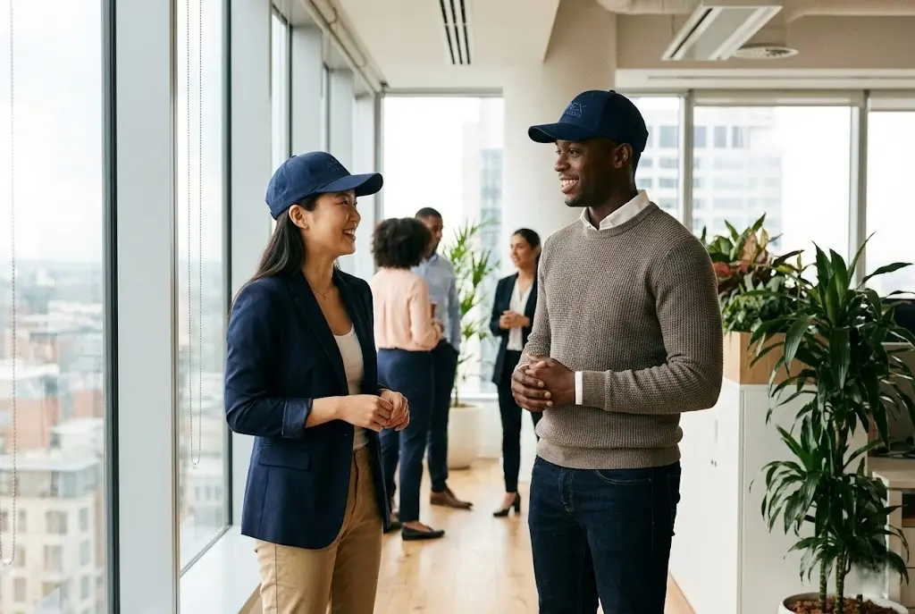 Corporate team wearing branded hats