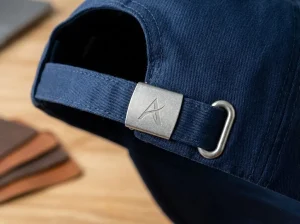 Close-up detail of a premium navy custom hat featuring an embossed metal buckle closure with a tuck-in fabric strap.