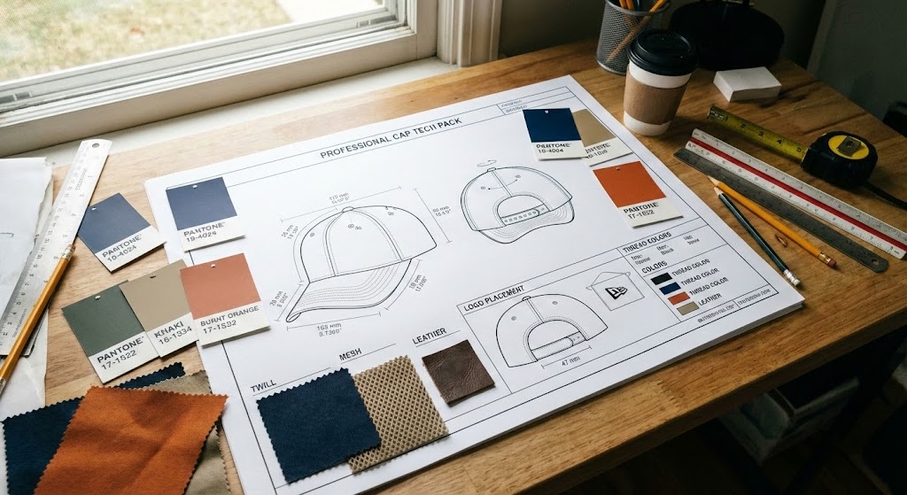 Custom hats tech pack showing measurements, materials, and logo placement details