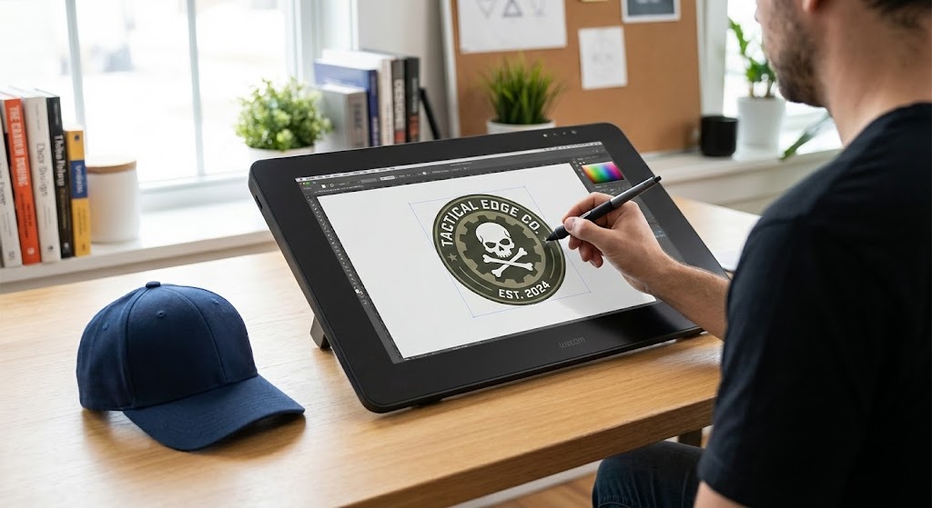 Designer using a stylus on a tablet to sketch a round patch logo with a baseball cap on the desk.