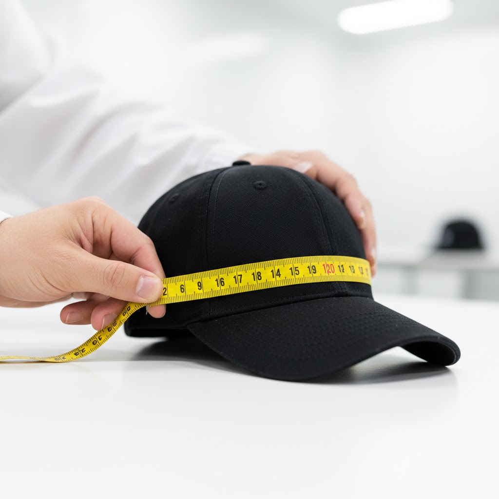 QC inspector measuring hat with tape measure