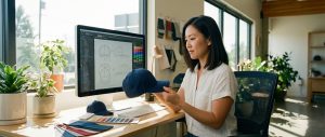 A product manager in a modern design studio reviewing custom hat technical drawings on a monitor while holding a navy blue physical sample cap.