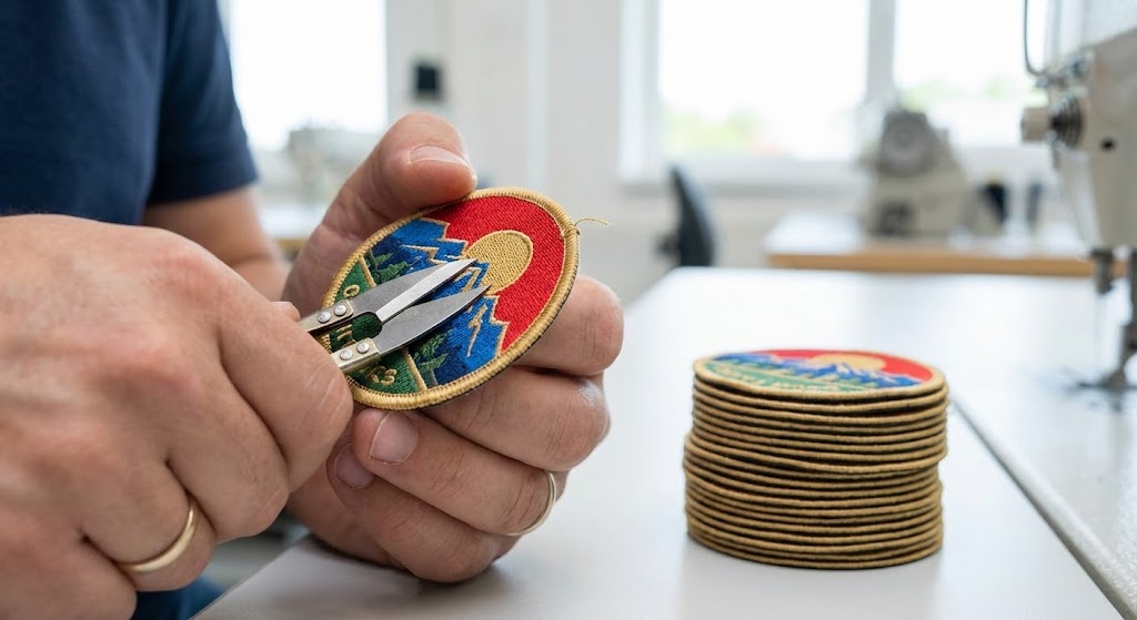 Manual inspection ensures no loose threads remain before the patch is applied to your merchandise.