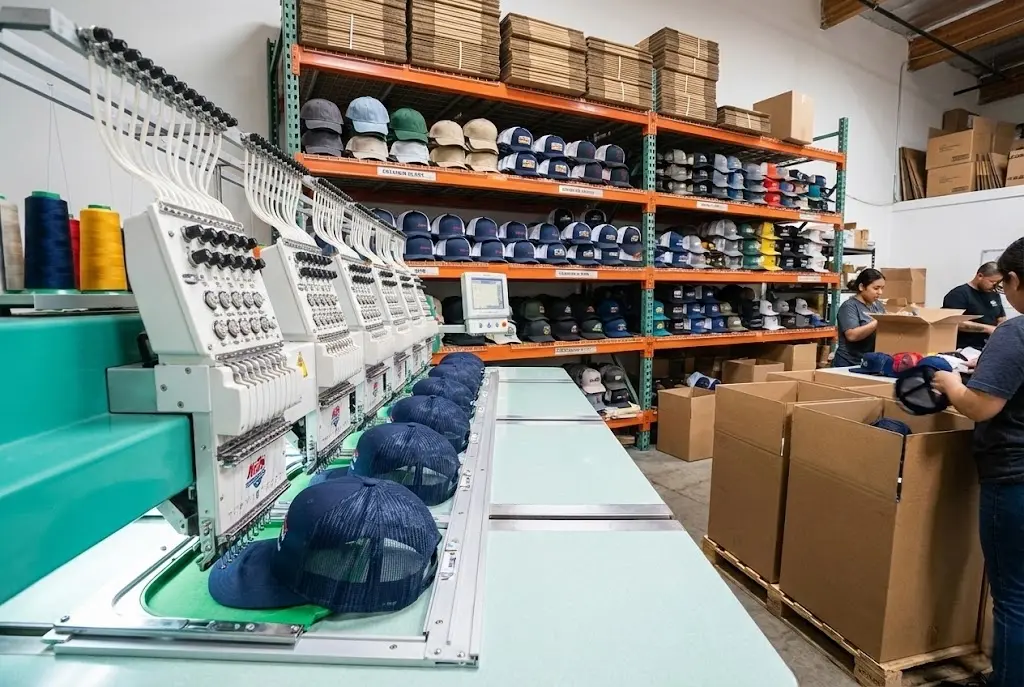 Embroidery machine working on blank hats