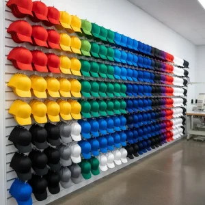 A massive showroom wall displaying color-coordinated blank baseball caps on slatwall hooks, representing high inventory levels for embroidery shops.