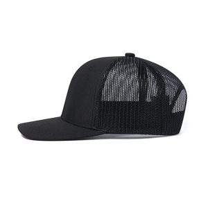 Black wholesale blank trucker hat with breathable mesh back panels and adjustable snapback closure.