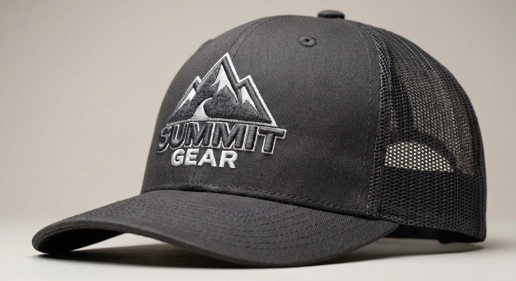 Side view of 3D puff embroidery standing tall on Grand Canal hat crown