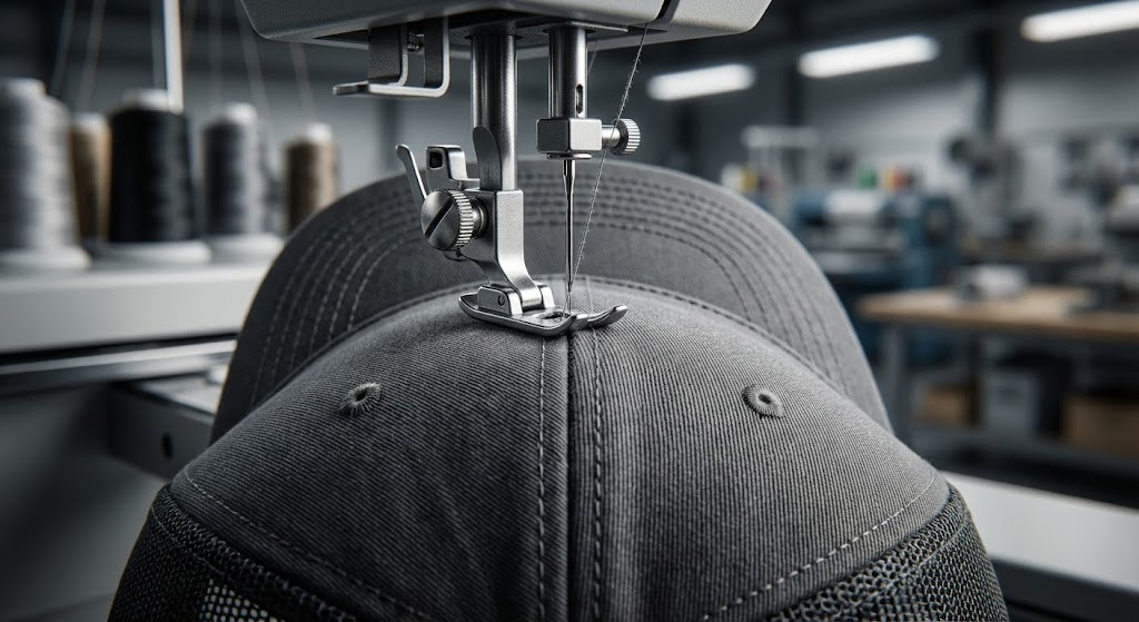 Close-up of Grand Canal hat being embroidered on Tajima or Barudan machine, showing needle near flat center seam