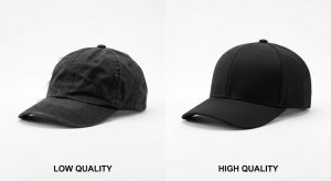 A side-by-side studio comparison showing a low-quality, flimsy black baseball cap with a collapsed crown versus a high-quality, structured premium custom hat with neat stitching.