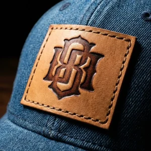 Close-up macro shot of a tan leather patch with a deep debossed monogram logo and perimeter stitching, attached to a blue denim baseball cap.