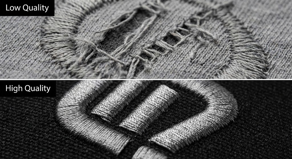 A macro comparison of custom embroidery. The top image shows low-quality stitching with frayed threads and visible gaps. The bottom image shows premium high-density 3D puff embroidery with sharp edges and glossy finish.