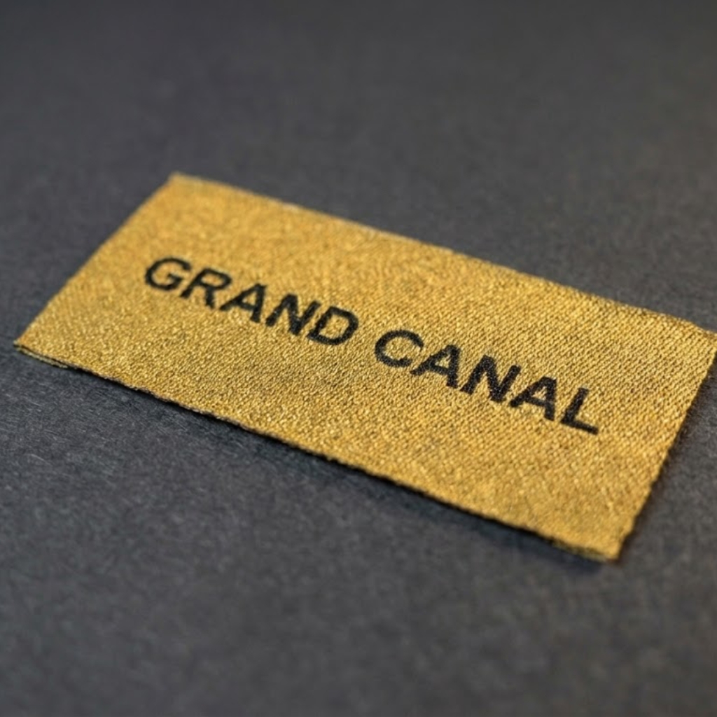 Close-up macro photograph of a rectangular gold damask woven label with black "GRAND CANAL" text, highlighting the intricate thread patterns and high-definition weaving.