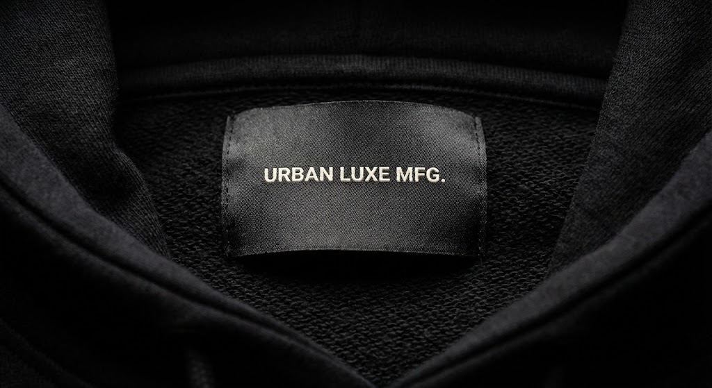 Black hoodie with woven hem tag and denim jeans with waistband label