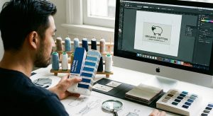 A professional textile designer performing a design audit for custom woven labels. The designer is holding a Pantone color bridge guide to verify colors against a digital vector file on a computer screen, surrounded by thread spools and sketches to ensure production accuracy.