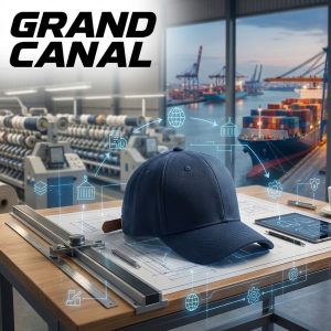 A B2B cover image featuring a navy baseball cap resting on technical blueprints and a tablet sitting on an industrial desk. The background is a split view showing a busy textile manufacturing factory on the left and a large global container shipping port on the right. Digital supply chain network icons and arrows connect these elements. Large text at the top left reads "GRAND CANAL".