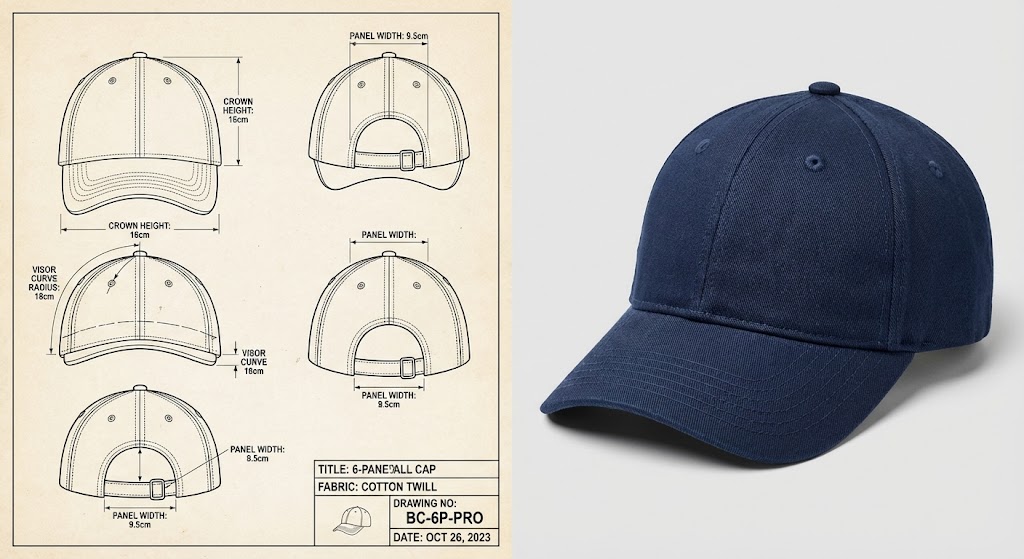 A comparison between a detailed 6-panel hat technical drawing with precise measurements (Tech Pack) and a high-quality physical navy blue baseball cap sample.

Caption: Bridging the gap: A detailed tech pack ensures the final physical product matches your brand vision without costly revisions.