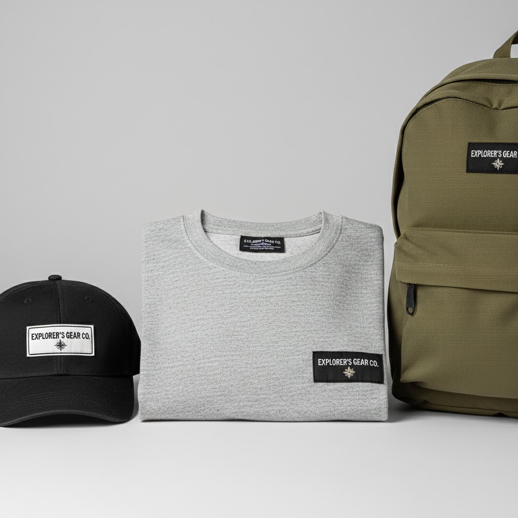 Same label design applied across hat, hoodie, and jeans showing brand consistency