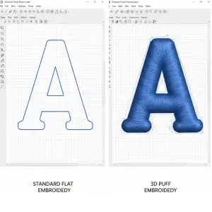 A split-screen comparison of embroidery digitizing software showing a flat outline on the left and high-density 3D puff satin stitches with capping on the right.