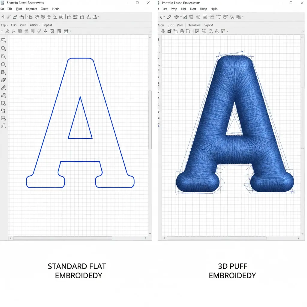 A split-screen comparison of embroidery digitizing software showing a flat outline on the left and high-density 3D puff satin stitches with capping on the right.