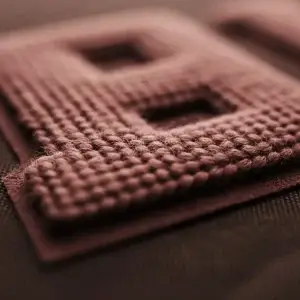 An extreme macro photograph of a muted burgundy chenille patch, showing high-twist yarn loops with deliberately varied pile directions to create an authentic aged texture.