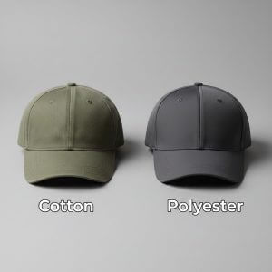 A side-by-side comparison of a green cotton twill baseball cap and a grey synthetic polyester cap.