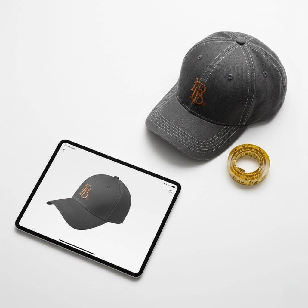 A split-view comparison showing a 3D digital hat rendering on a tablet screen and the corresponding physical charcoal grey hat with orange embroidery and a measuring tape.