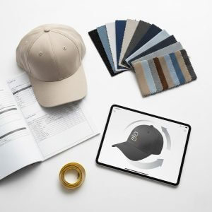 A professional flat lay showing a beige custom hat prototype, a detailed manufacturing tech pack, fabric swatches, a measuring tape, and a 3D hat rendering on a tablet.