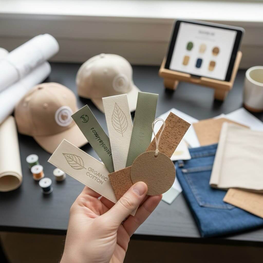 A hand holding organic cotton and rPET label samples over a designer's desk with custom caps and sketches.