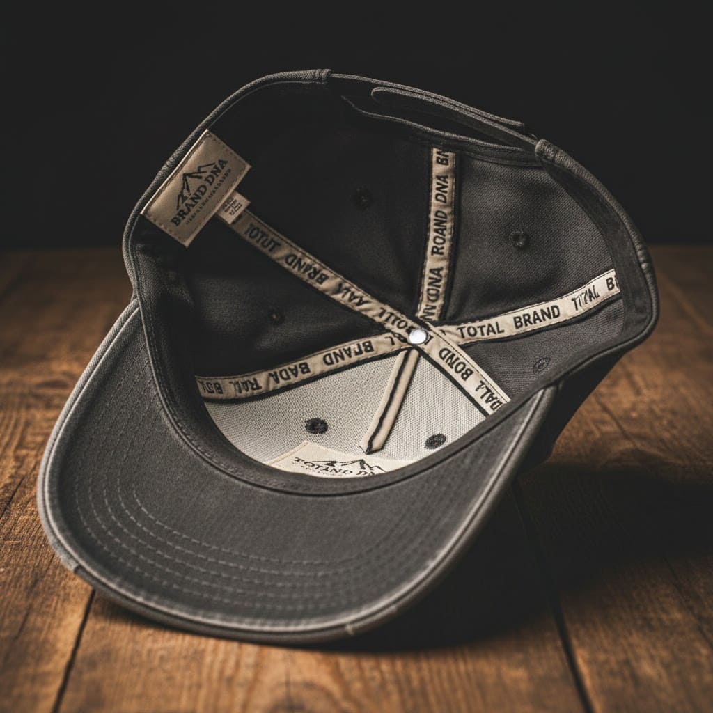 Fully custom hat with interior woven labels and metal hardware