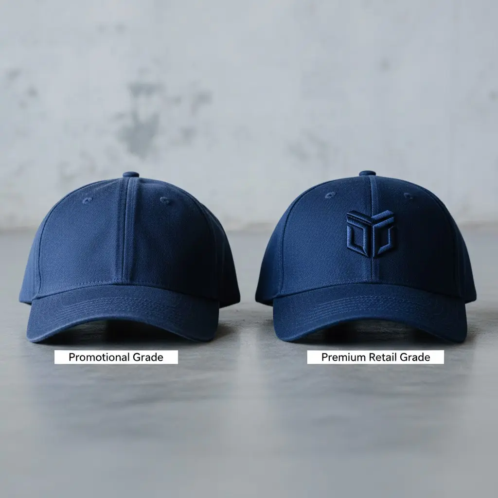 Side-by-side comparison of two navy baseball caps: left showing a loose-structured promotional grade, right showing a premium retail grade with 3D embroidery and firm structure.