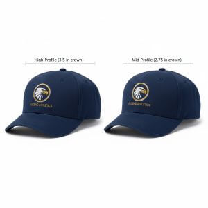 Side-by-side comparison of a navy blue high-profile cap with a 3.5-inch crown versus a mid-profile cap with a 2.75-inch crown, showing the Ascend Athletics logo embroidery.