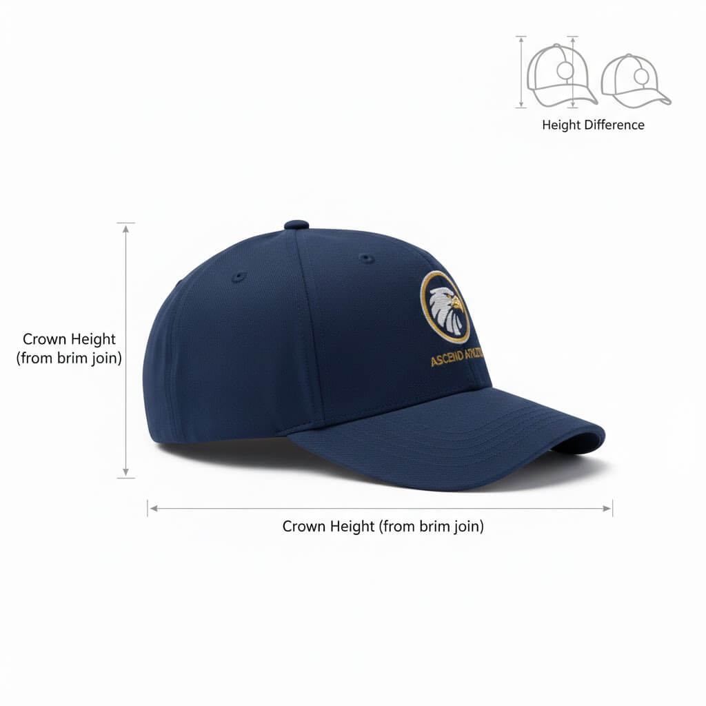 Diagram showing a navy blue baseball cap with arrows indicating the vertical measurement of crown height from the brim join to the top button, plus an inset icon comparing high vs. low profile silhouettes.