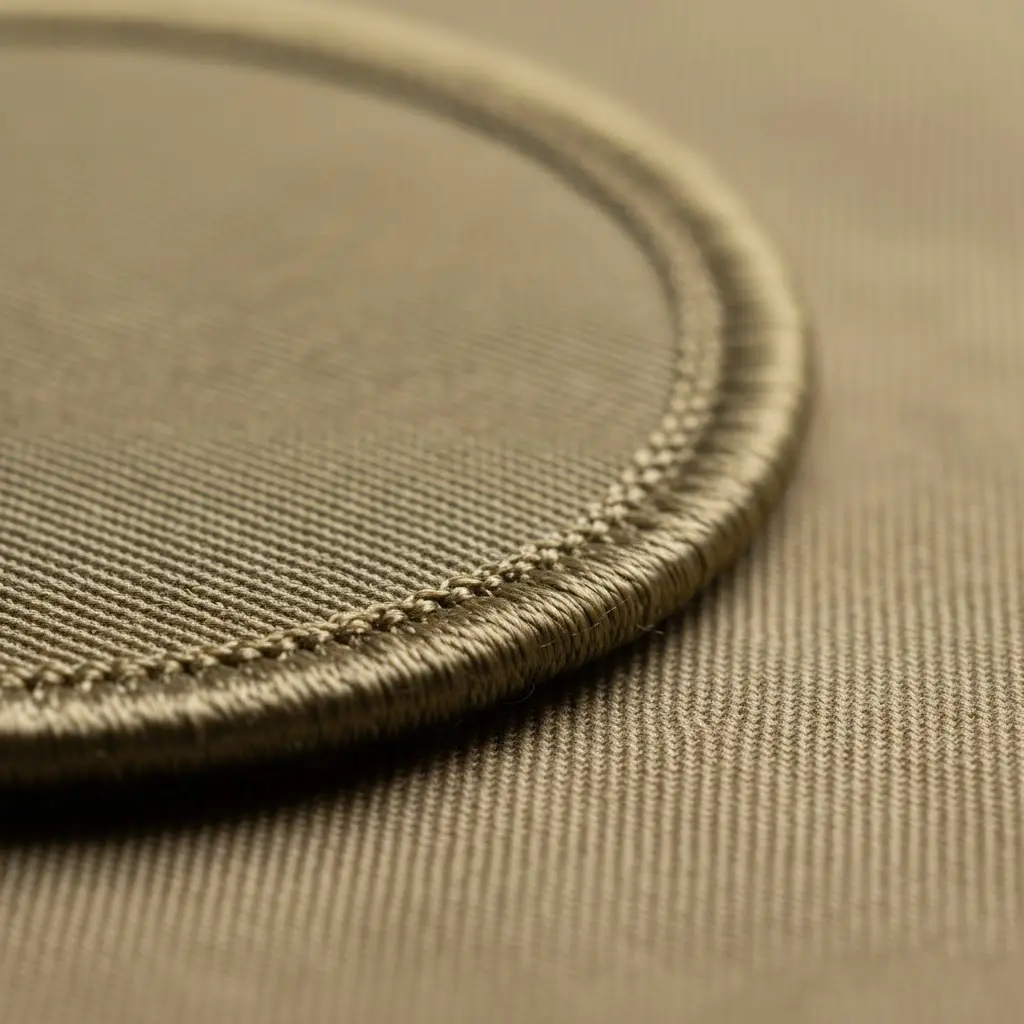 Merrowed edge woven patch close-up showing raised border