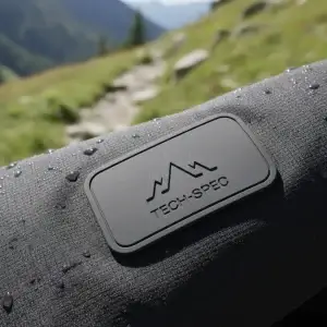 A macro photograph of a matte grey rectangular silicone label with a mountain icon and "TECH-SPEC" text, showing fine 3D molding on technical fabric with water droplets.