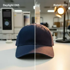 A split-screen comparison of a navy blue baseball cap showing true color under D65 daylight and a purple shift under warm retail LED lighting in a laboratory setting.