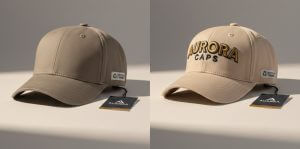 Comparison between a plain tan blank cap and a full-custom premium cap with 3D embroidery and eco-friendly labels.