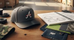 A close-up of a grey custom baseball cap, design sketches, and fabric swatches on a wooden desk. The background features a blurred, large-scale 3PL logistics warehouse filled with stacked shipping boxes, symbolizing the transition from boutique design to global manufacturing.