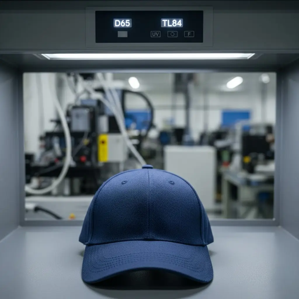 A professional scientific diagram showing a light source emitting waves that hit a navy blue fabric surface and reflect into a human eye, illustrating color perception.