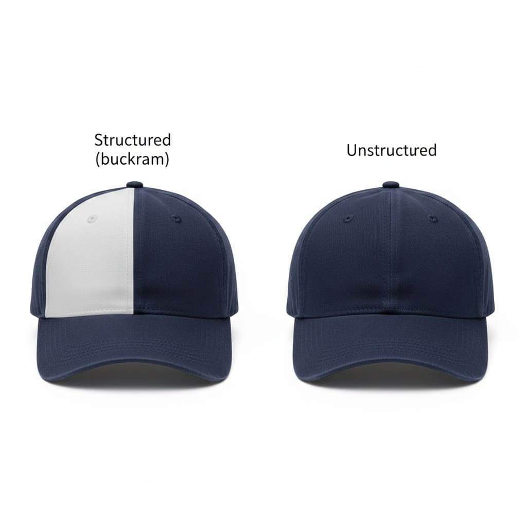 A side-by-side comparison of two navy caps. The left "Structured" cap highlights the internal white buckram reinforcement panel, while the right "Unstructured" cap shows a soft, unsupported front panel.