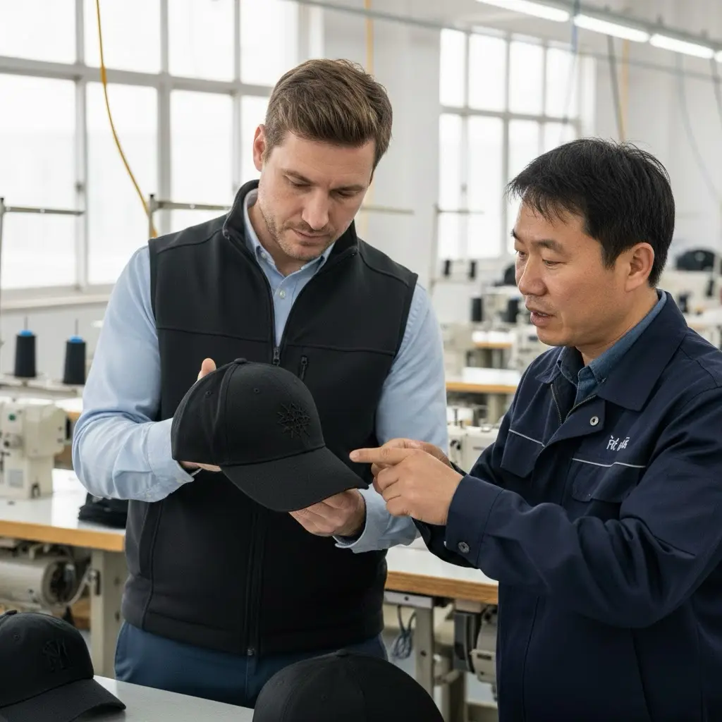 A US project manager and a Chinese factory supervisor inspecting the embroidery quality of a custom black baseball cap on the production floor.