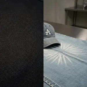A side-by-side comparison of raw indigo denim fabric and a vintage washed cap with high-contrast sunburst fading on a production table.
