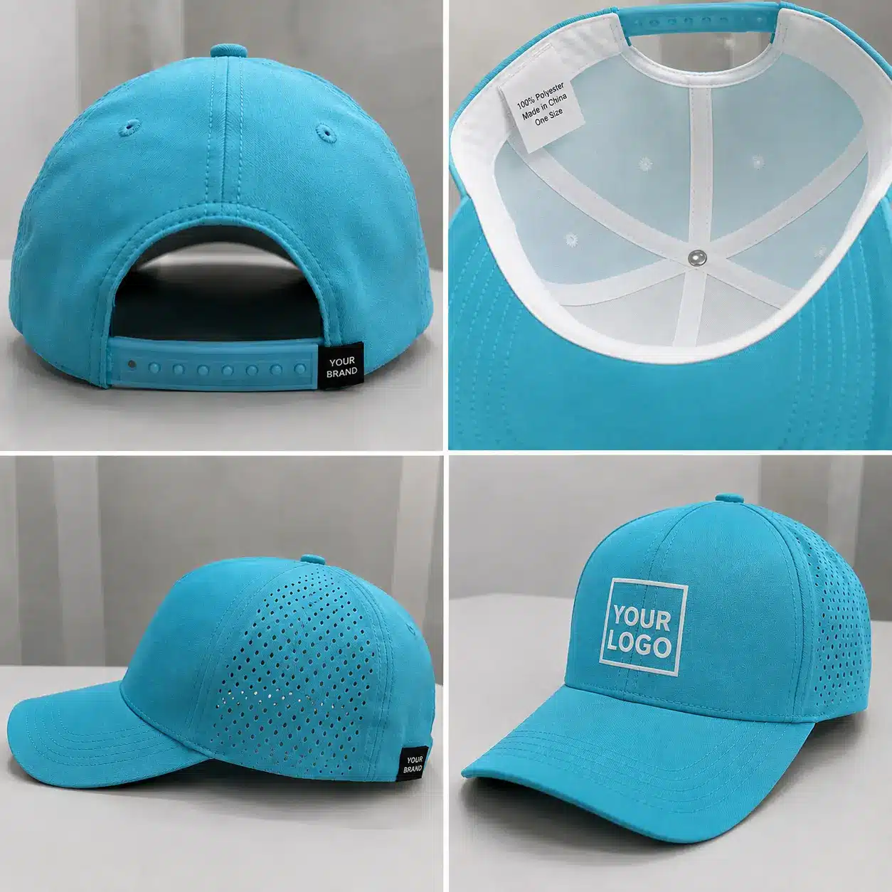 Multiple angles of a full custom hat showing interior and exterior details