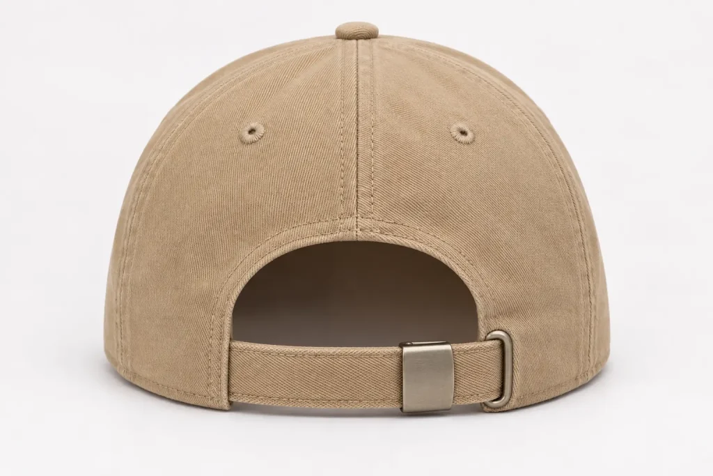 Rear view of a khaki cotton 6-panel cap with a matching fabric strap and matte silver metal buckle