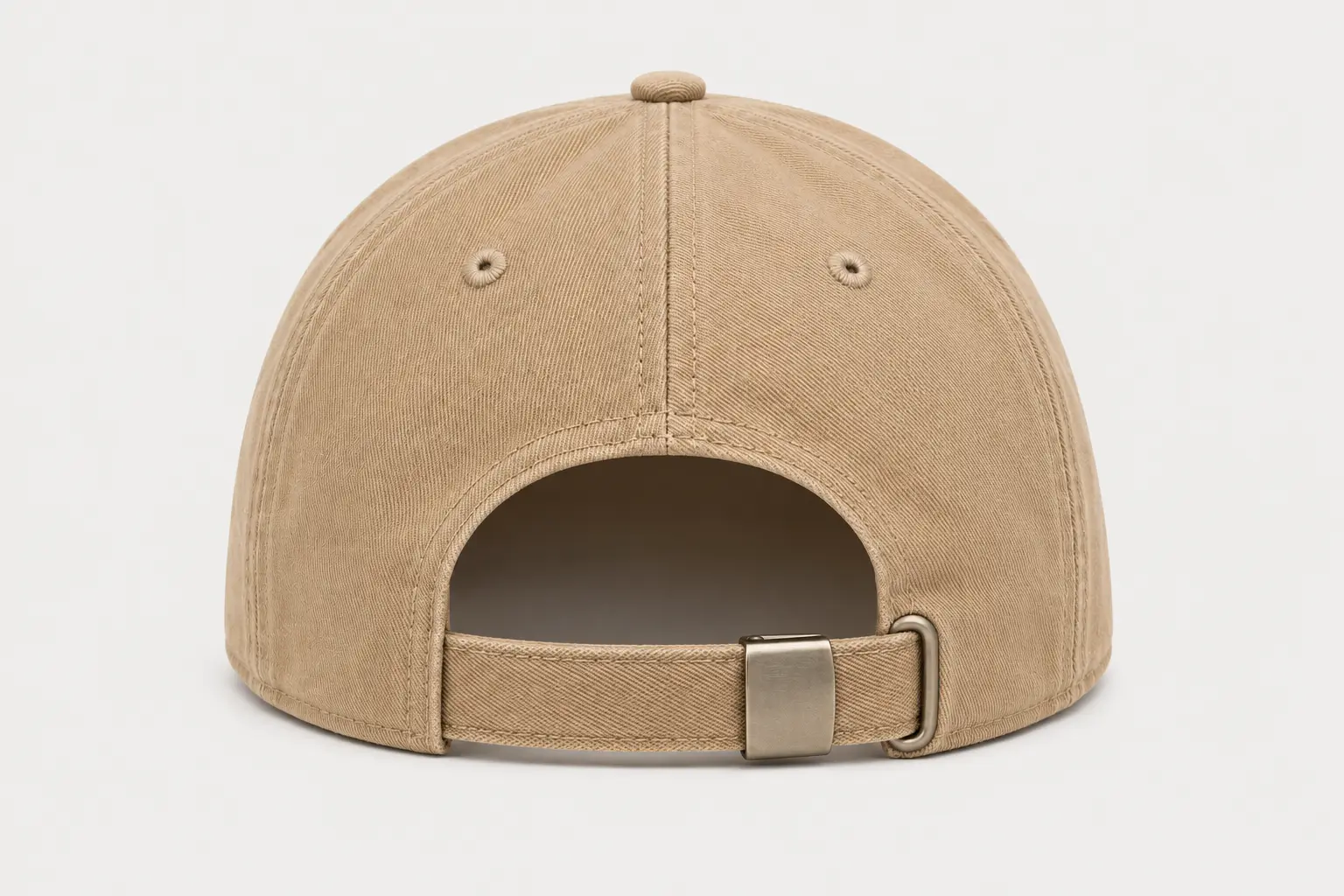 Fabric strap with metal buckle on 5-panel hat