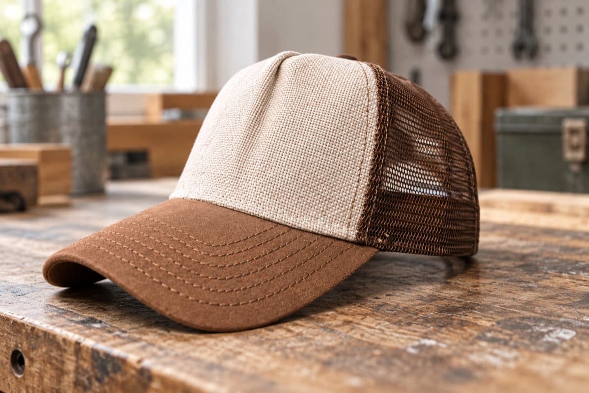 Sand and brown A-frame trucker cap showing the front fold and mesh construction