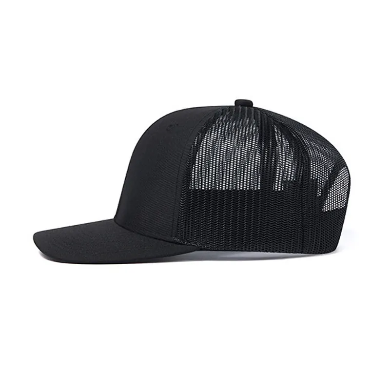 Black blank trucker cap showing its structured front and mesh-back construction