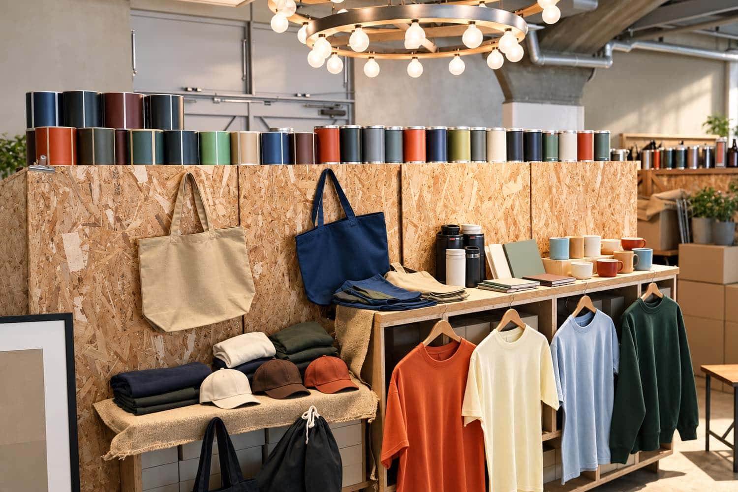Coffee roaster merchandise display with unbranded seasonal caps and apparel