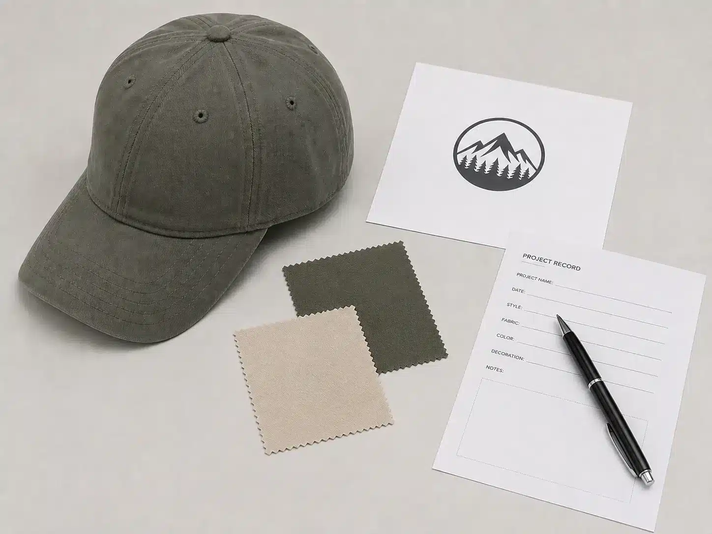 Overhead view of a tidy workbench with a blank 6-panel baseball cap, printed logo draft, fabric swatches, project notes, and a pen