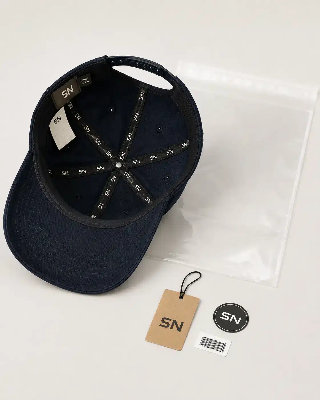 Comprehensive view of custom hat interior labels, hangtags, and packing details