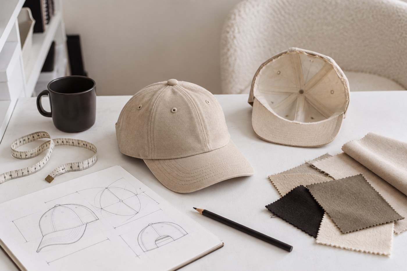 Custom hat samples, fabric swatches and measuring tape on a review table